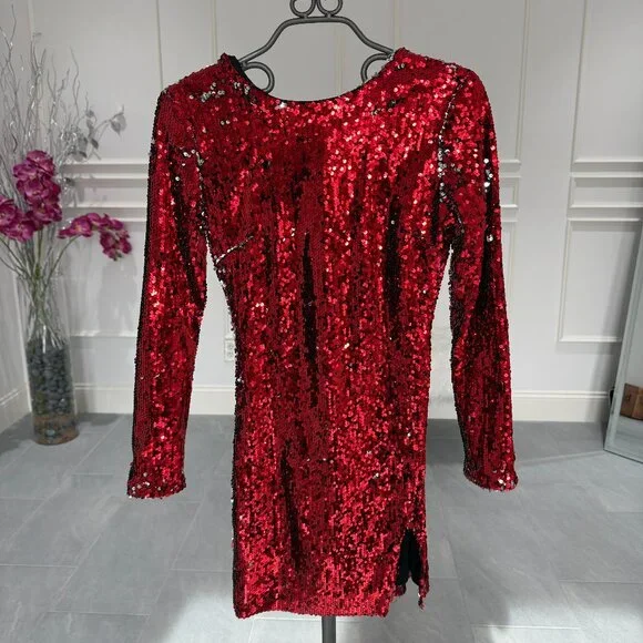 superdown | Dresses | Long Sleeve Red Sequin Mini Dress Christmas Party  Dress Nye Party Dress | Poshmark